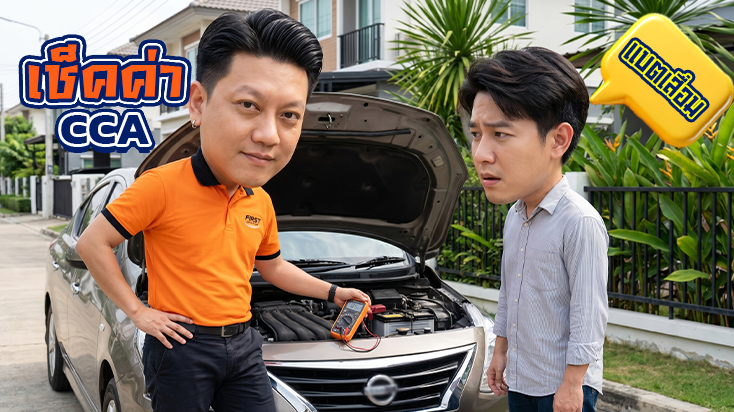 ช่างตรวจเช็กค่า CCA พบแบตเตอรี่เสื่อม ลานจอดรถคอนโด ถนนศรีนครินทร์