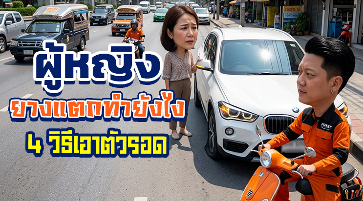 ผู้หญิงรถยางแตก เปลี่ยนยางอะไหล่ ยางรั่วกลางคืน ศรีนครินทร์ บางนา