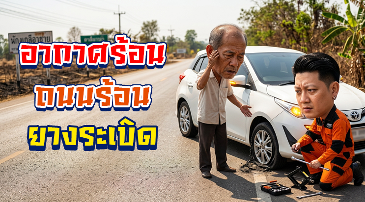 ยางระเบิดหน้าร้อน สาเหตุยางระเบิด ปะยางด่วน ศรีนครินทร์ บางนา