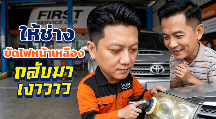 ภาพการ์ตูนหมูช่าง FIRST SERVICE CAR สอน วิธีแก้ไฟหน้าเหลือง ศรีนครินทร์ บางนา