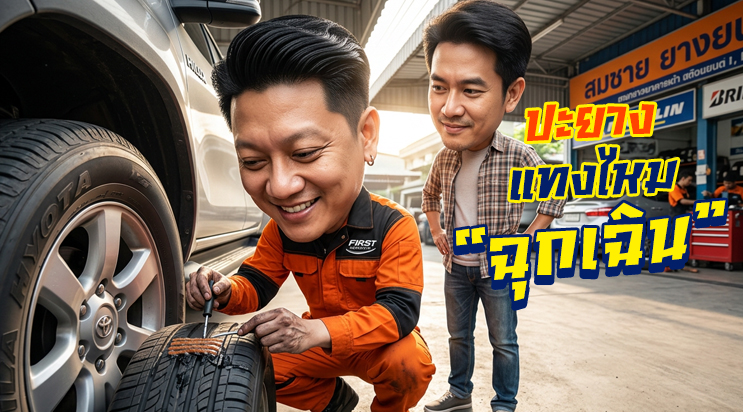 ภาพการ์ตูนหมูช่าง FIRST SERVICE CAR อธิบาย ปะยางแบบแทงไหม ศรีนครินทร์ บางนา